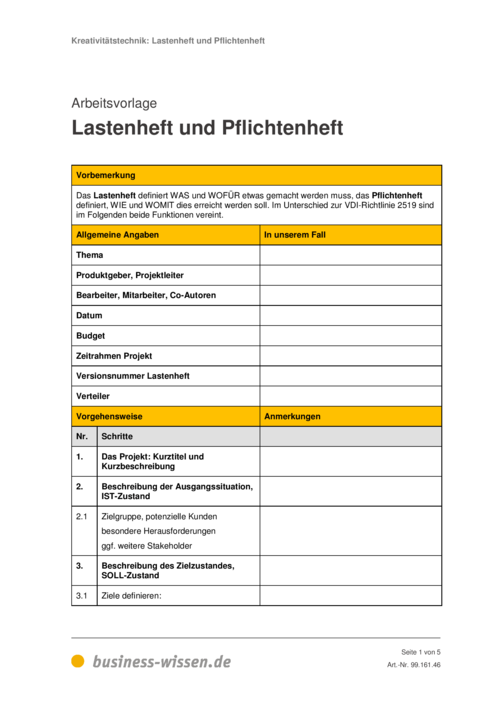 Lastenheft und Pflichtenheft – Vorlage – business-wissen.de