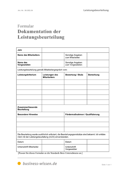 Mitarbeitergespräch zur Leistungsbeurteilung dokumentieren – Formular