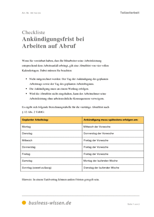 Ankündigungsfrist bei Arbeiten auf Abruf – Checkliste – business-wissen.de