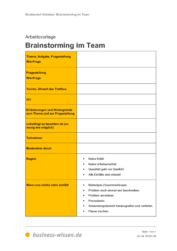 Brainstorming im Team - Vorlage - business-wissen.de