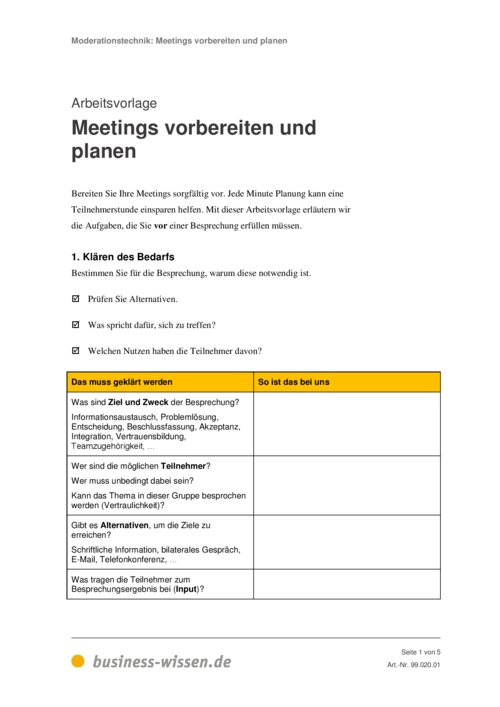 Meetings als Moderator vorbereiten und planen - Vorlage ...