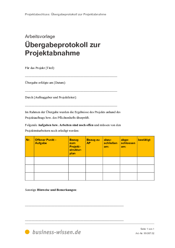 Übergabeprotokoll zur Projektabnahme – Vorlage – business-wissen.de