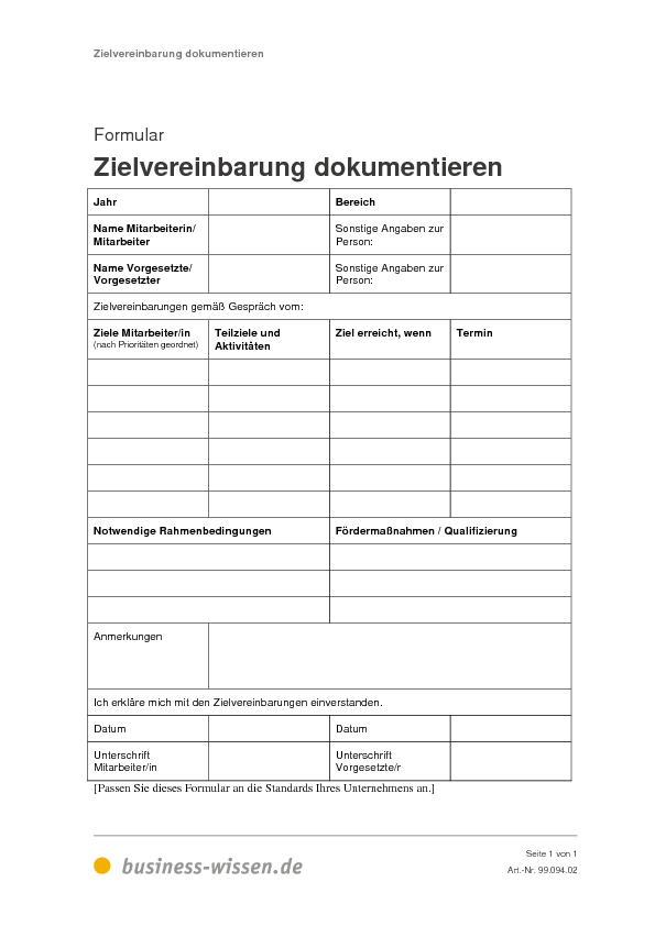 zielvereinbarungen mit mitarbeitern dokumentieren excel marketing