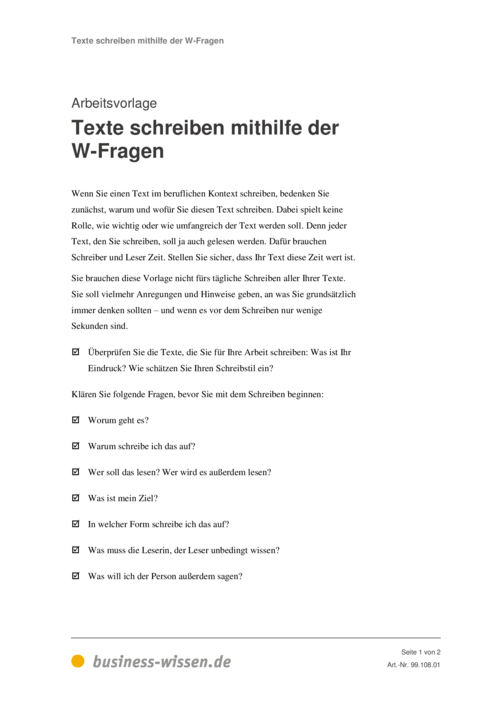 Texte schreiben mithilfe der W-Fragen - Vorlage - business ...