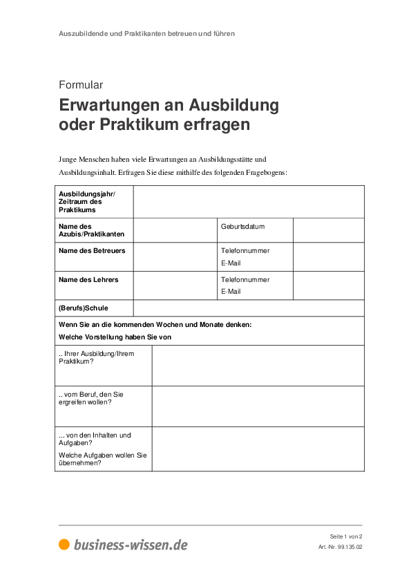 MusterFragebogen Erwartungen an Ausbildung oder Praktikum erfragen Formular businesswissen.de