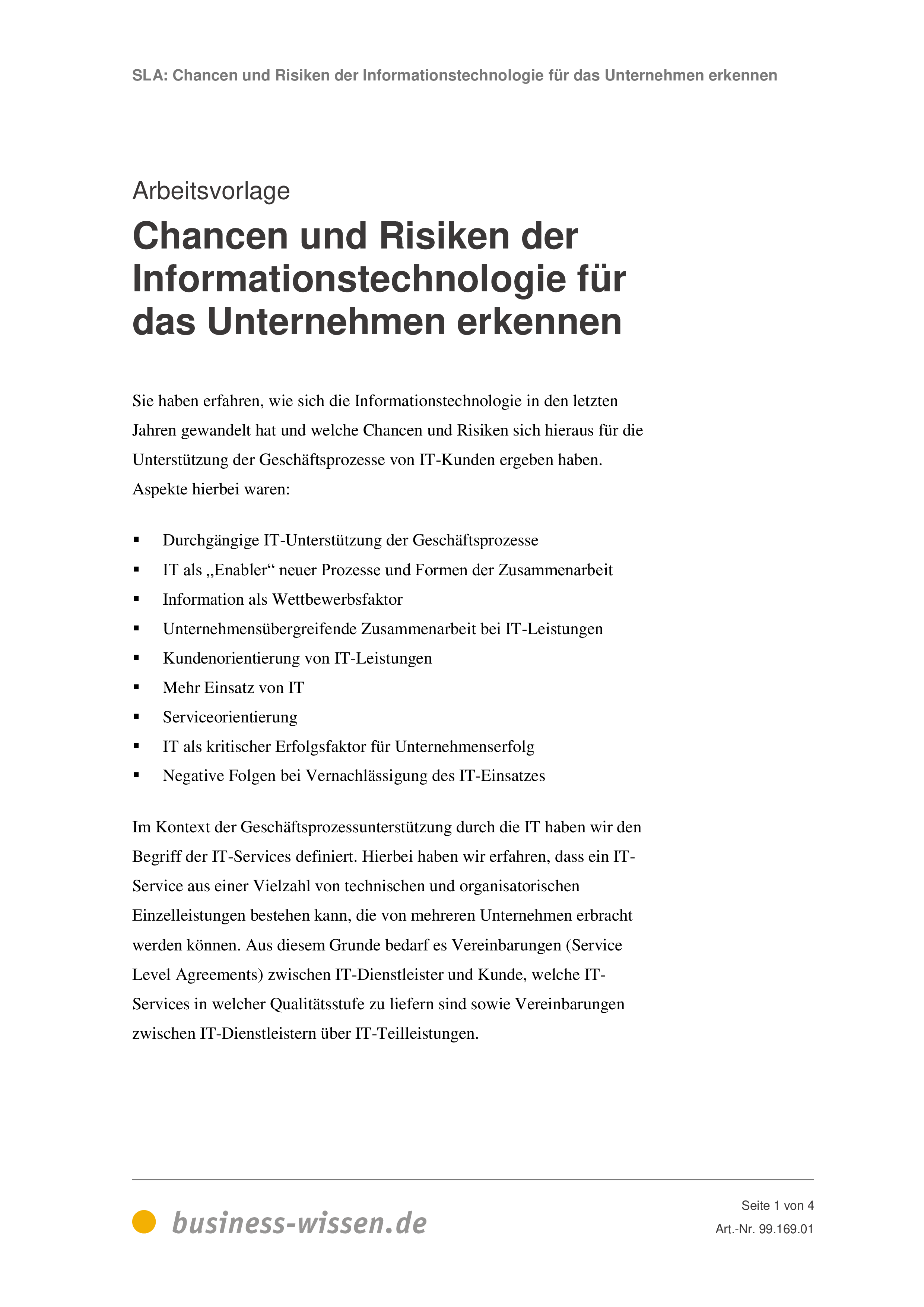 Service Level Agreement (SLA) – Management-Handbuch – business-wissen.de