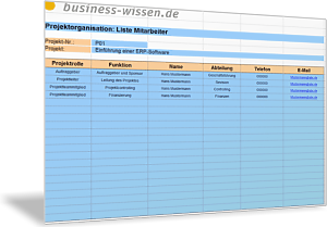 Liste Projektmitarbeiter für die Projektorganisation