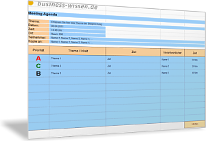 Agenda für ein Meeting - Liste Tagesordnungspunkte (TOP) und Priorität