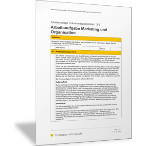 Teilnehmerarbeitsblatt Arbeitsaufgabe Marketing und Organisation