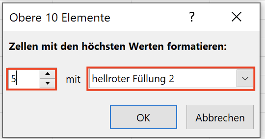 Anzahl der obersten Werte für die Formatierung festlegen