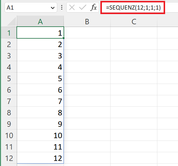 Zahlenreihe in einer Spalte mit der Excel-Funktion SEQUENZ() erzeugt