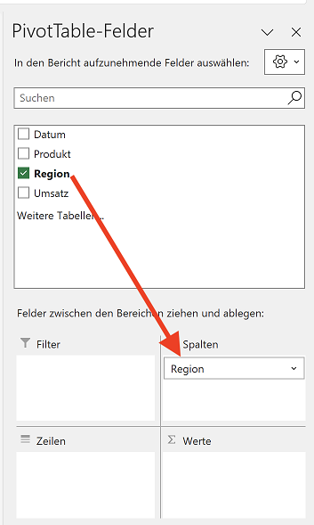 Pivot-Tabelle nach dem Merkmal Region definieren