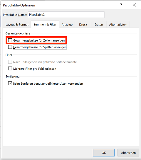 Dialogfeld zur Definition der Pivot-Tabelle