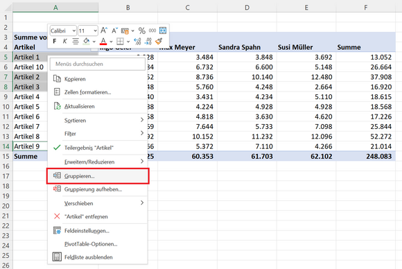 Funktion Gruppieren von Pivot-Tabellen