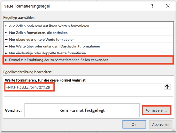 Formel für Bedingte Formatierung erfassen