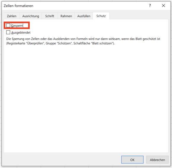 Kontrollkästchen Gesperrt für Eingabezellen deaktivieren