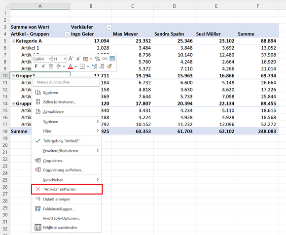 Alle Gruppen in der Pivot-Tabelle aufheben