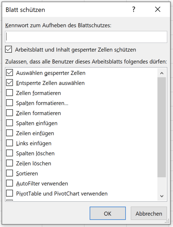 Dialogfeld Blatt schützen