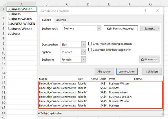 Ergebnis der Suchfunktion in Excel