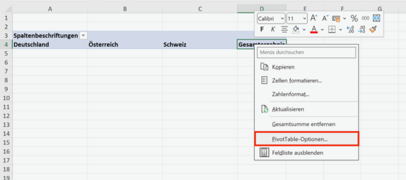 Mit PivotTable-Optionen die angezeigten Spalten festlegen