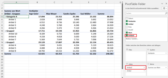 Gruppen in der Feldliste der Pivot-Tabelle