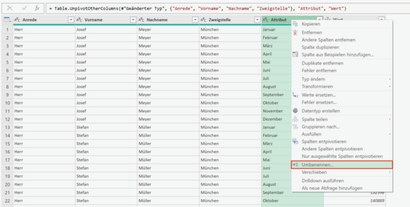 Spalten in Power-Query umbenennen