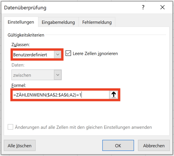 Einstellungen im Dialogfeld Datenüberprüfung definieren