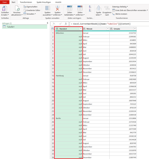 Power Query を使用して (列内の) 空のセルを埋める