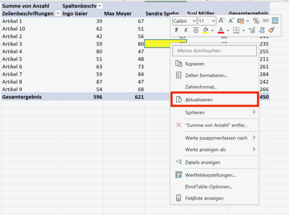 Funktion Aktualisierung der Pivot-Tabelle im Kontextmenü von Excel