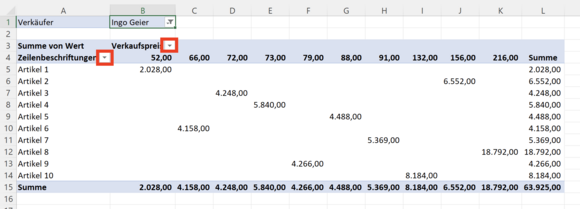 Filter für Zeilen und Spalten der Pivot-Tabelle