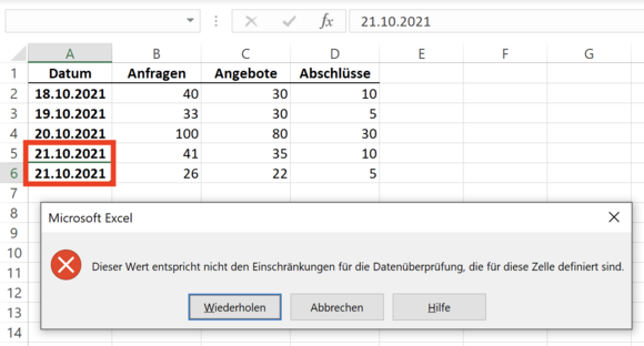 Excel verhindert die doppelte Eingabe eines Wertes
