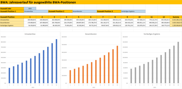 Säulendiagramm für ausgewählte BWA-Positionen im Jahresverlauf