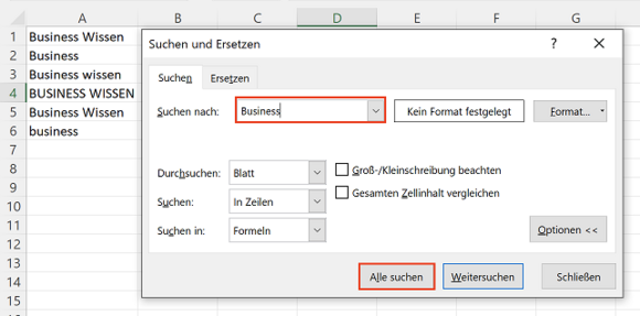 Suchfunktion in Excel