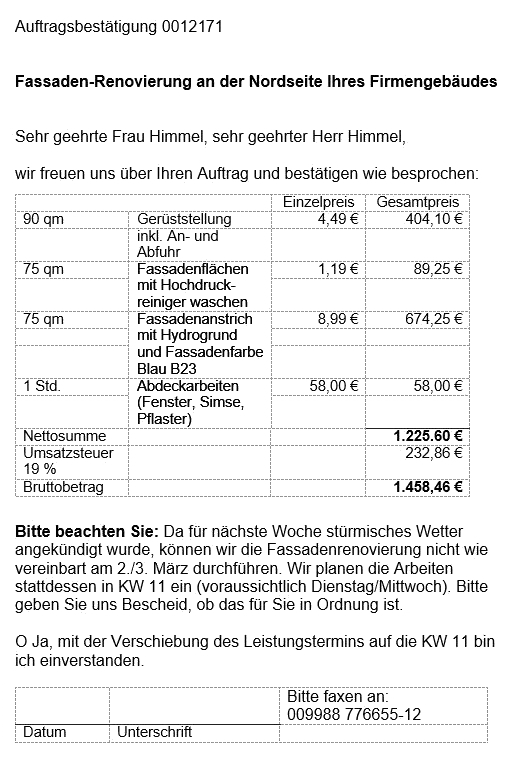 Auftragserteilung ohne unterschrift