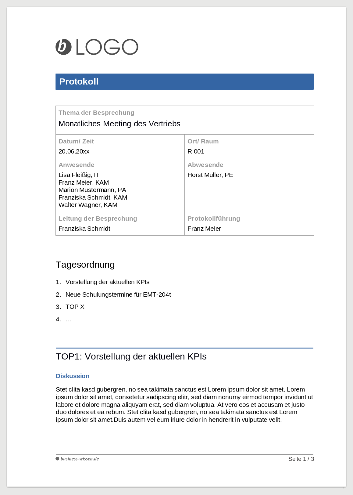 Vorlage Kostenlos Besprechungsprotokoll Business Wissen De