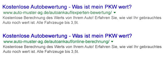 Schlechtes Beispiel: Identische Title- und Description-Texte für unterschiedliche Seiten