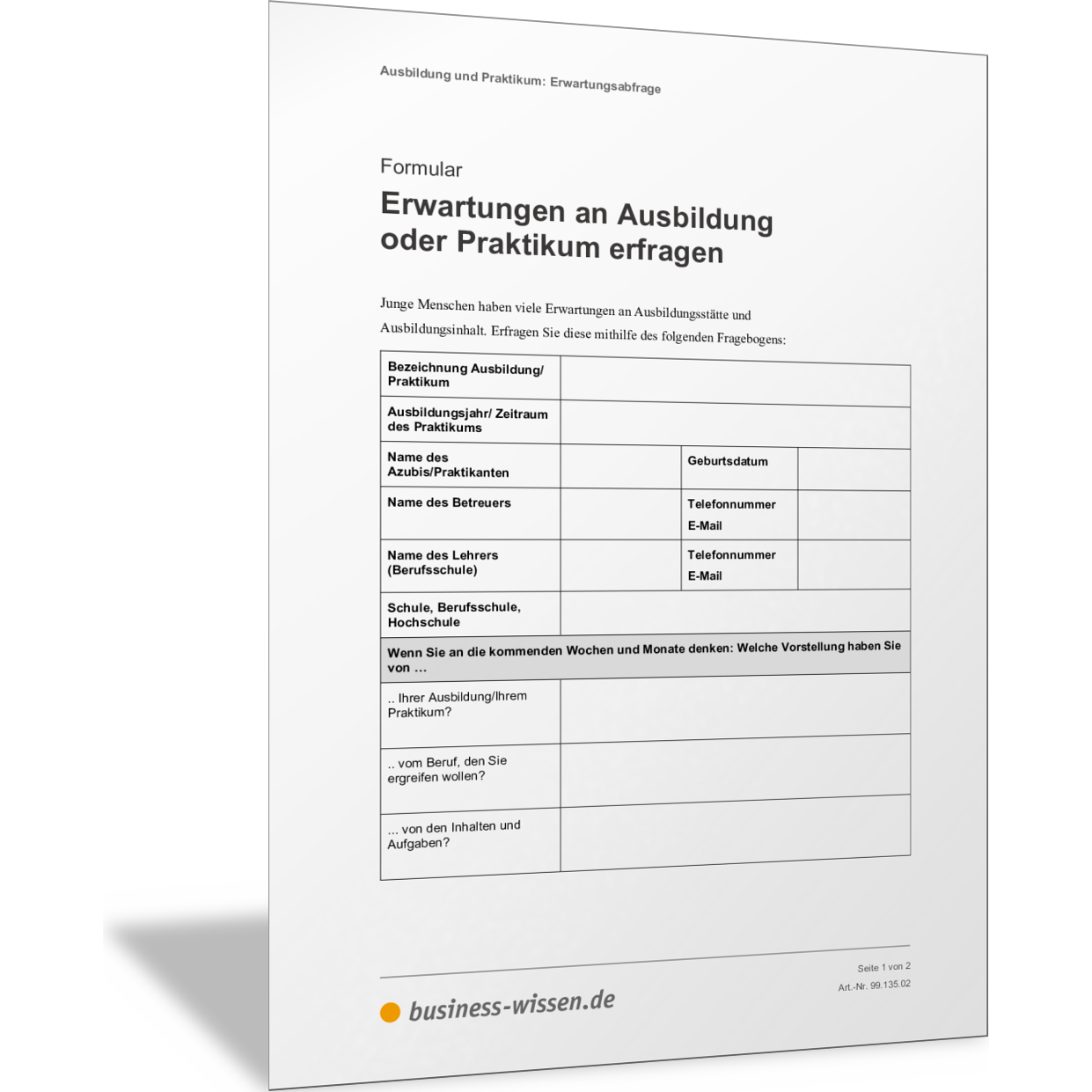 Fragebogen Erwartungen an Ausbildung oder Praktikum Formular