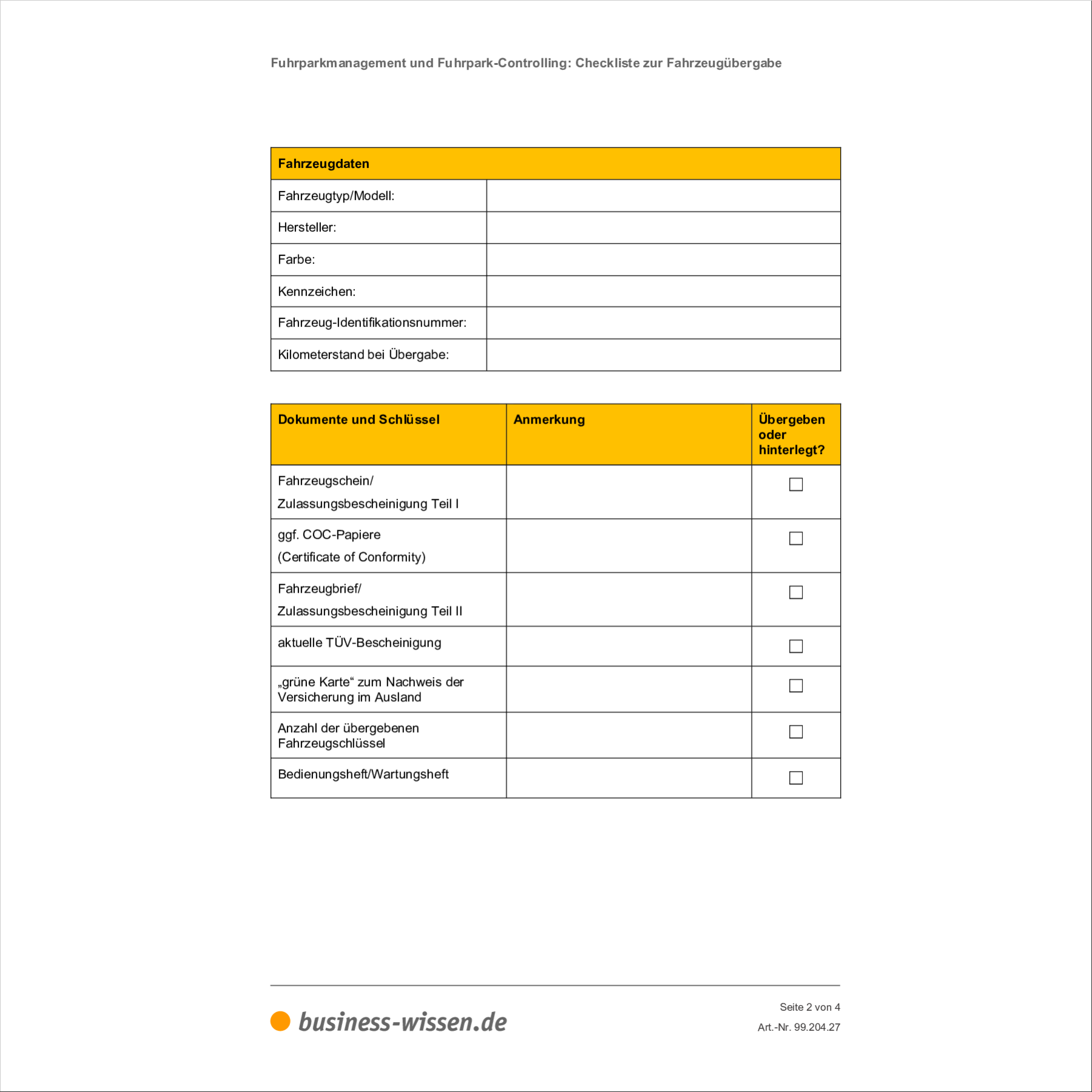 Checkliste zur Fahrzeugübergabe – Checkliste