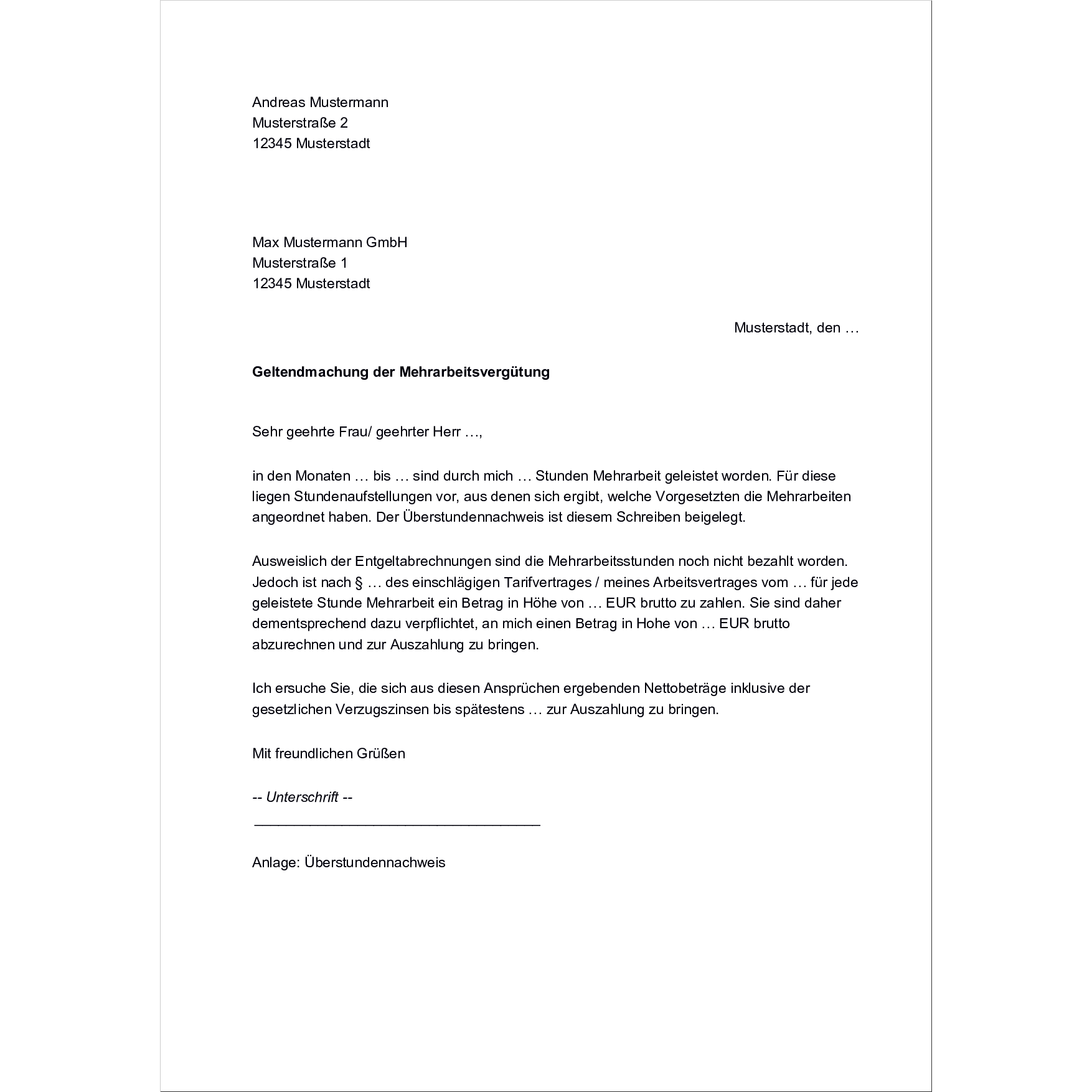 Überstunden Anleitung mit Vorlagen